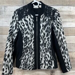 Chicos Leopard Print Lace Shoulder Zip Front Jacket Women Size 1 Black White